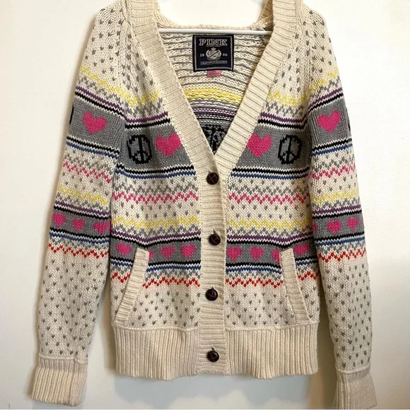 VS PINK peace, love and pink fair isle hoodie heavy knit cardigan sweater - Picture 8 of 14